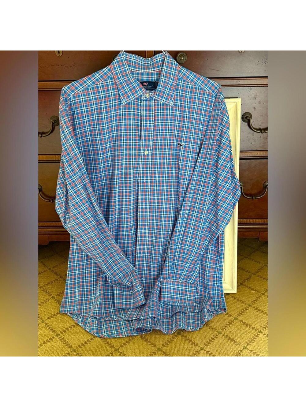 Vineyard Vines Whale Shirt blue, red and white gingham check button down   L